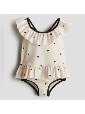 H&M Neutrals Baby Girl Heart Print Ruffle Trim Loose Fit Swim Top & Bottoms